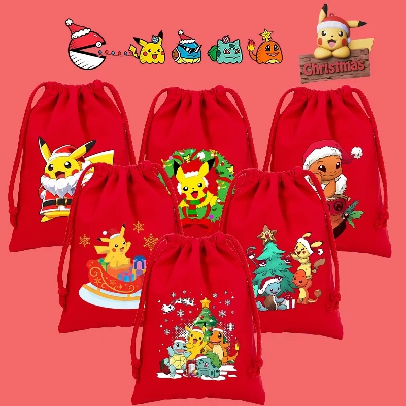 Sac de Noël Pokémon Pikachu avec cordon de serrage pour le Père Noël, cadeaux de Noël, etc.