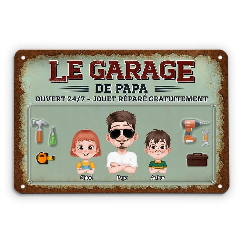 Plaque métal personnalisée « Le Garage de Papa » – Déco vintage 🛠️