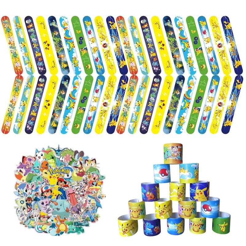 Coffret de fête Pokémon - 50 autocollants et 40 bracelets pour anniversaire, fête, décoration, jouets pour enfants