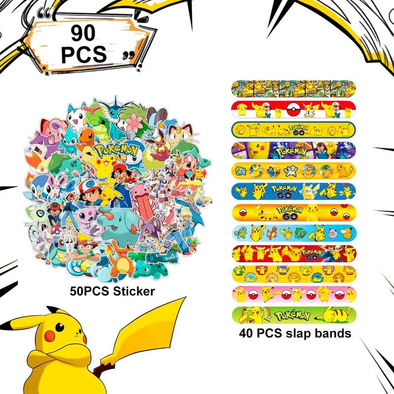 Coffret de fête Pokémon - 50 autocollants et 40 bracelets pour anniversaire, fête, décoration, jouets pour enfants