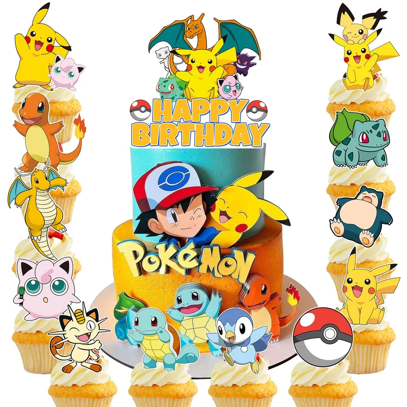 Ensemble de décoration de gâteau d'anniversaire Pokémon Pikachu avec 25 pièces Anniversaire Anniversaire d'enfant