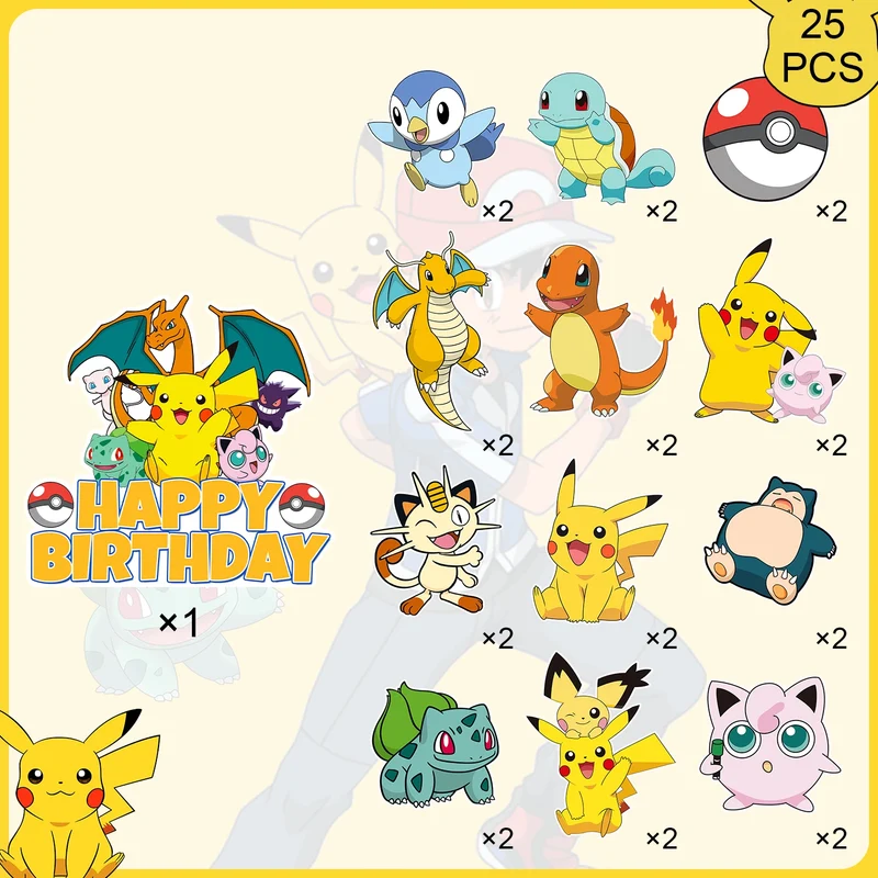 Ensemble de décoration de gâteau d'anniversaire Pokémon Pikachu avec 25 pièces Anniversaire Anniversaire d'enfant