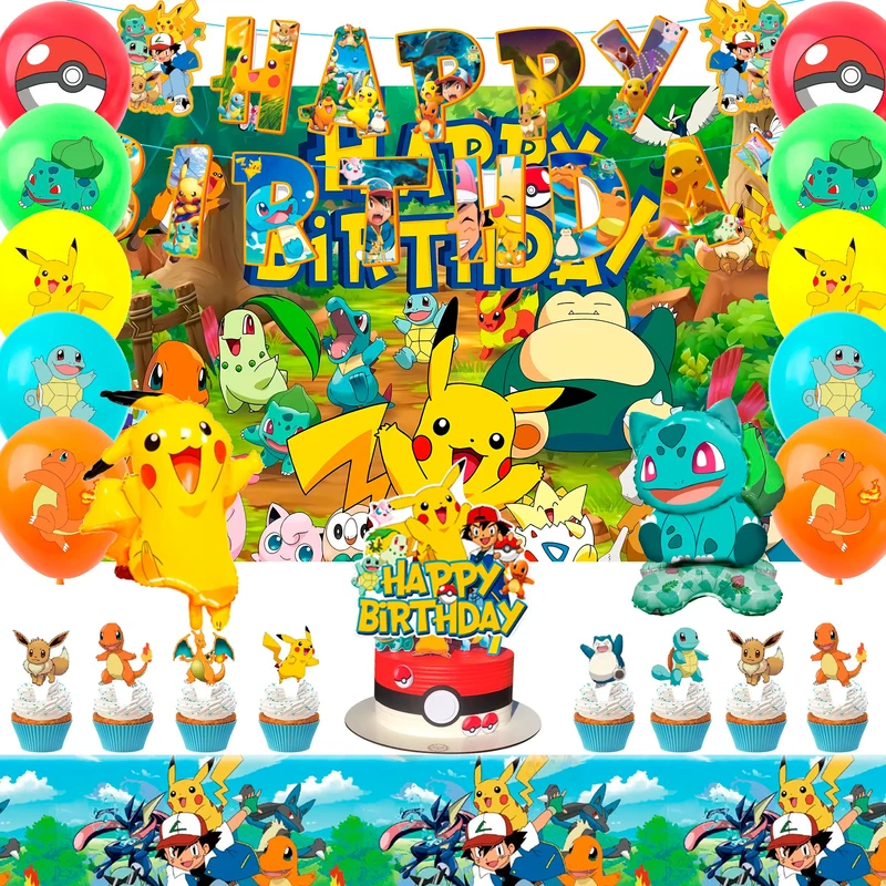 Ensemble de décoration d'anniversaire pour enfants Pokémon avec bannière, ballons et décoration de gâteau
