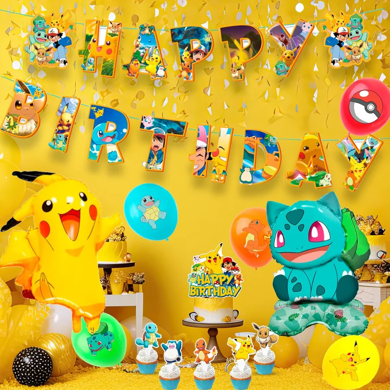 Ensemble de décoration d'anniversaire pour enfants Pokémon avec bannière, ballons et décoration de gâteau