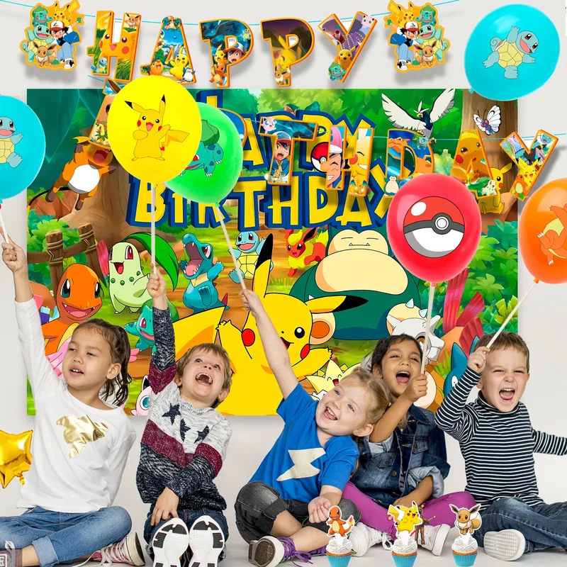 Ensemble de décoration d'anniversaire pour enfants Pokémon avec bannière, ballons et décoration de gâteau