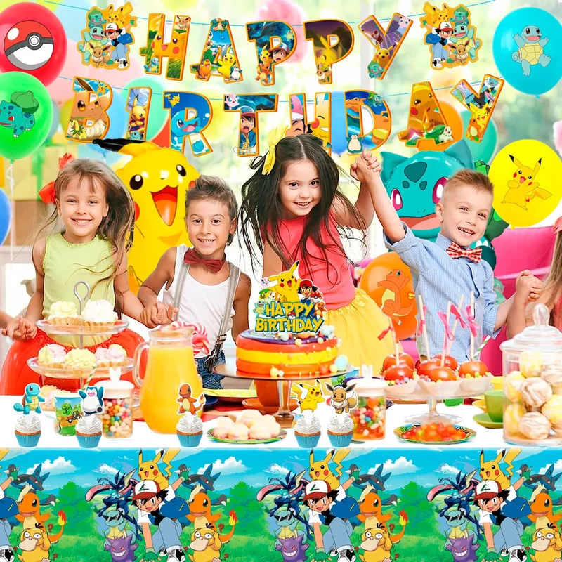 Ensemble de décoration d'anniversaire pour enfants Pokémon avec bannière, ballons et décoration de gâteau
