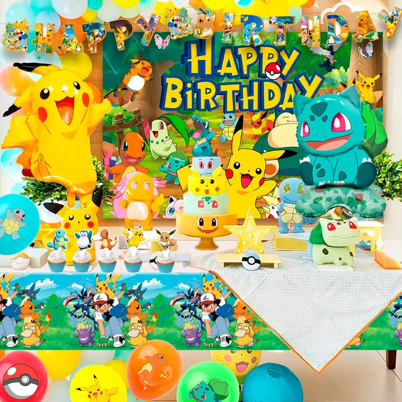 Ensemble de décoration d'anniversaire pour enfants Pokémon avec bannière, ballons et décoration de gâteau