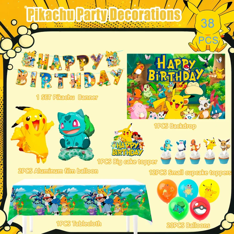 Ensemble de décoration d'anniversaire pour enfants Pokémon avec bannière, ballons et décoration de gâteau