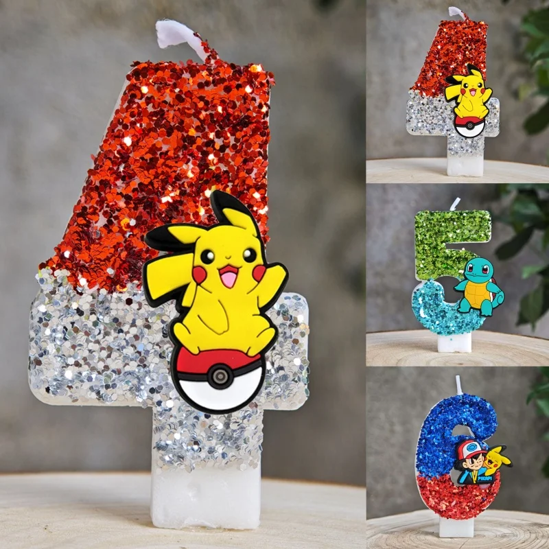 Bougies à paillettes Pokémon Pikachu pour les anniversaires avec année en différentes couleurs