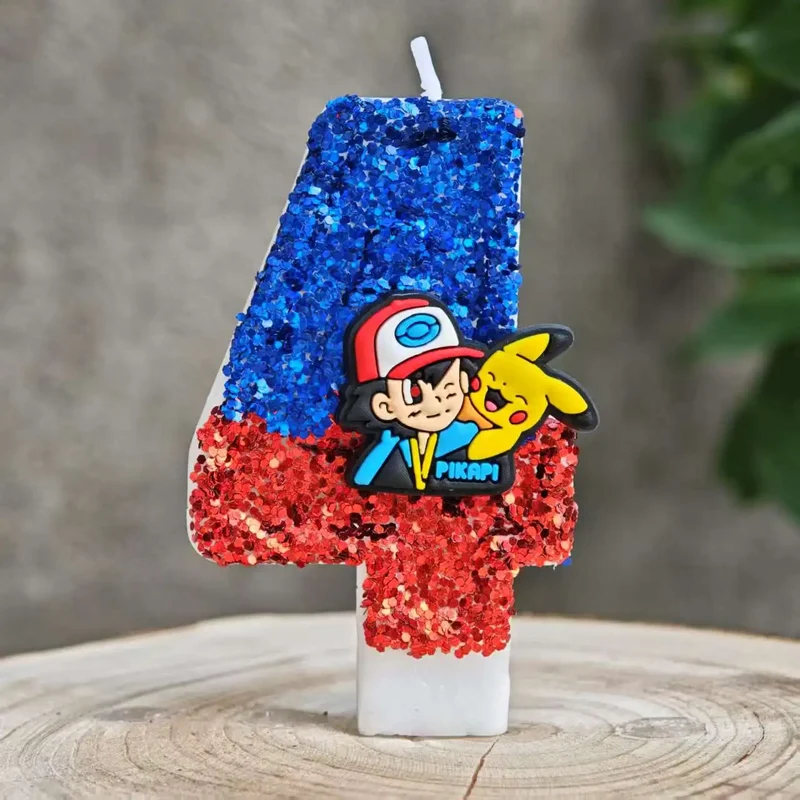 Bougies à paillettes Pokémon Pikachu pour les anniversaires avec année en différentes couleurs