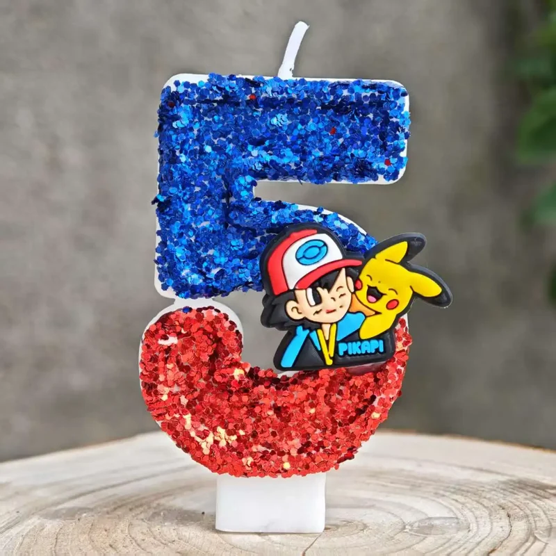Bougies à paillettes Pokémon Pikachu pour les anniversaires avec année en différentes couleurs