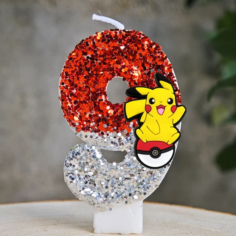 Bougies à paillettes Pokémon Pikachu pour les anniversaires avec année en différentes couleurs