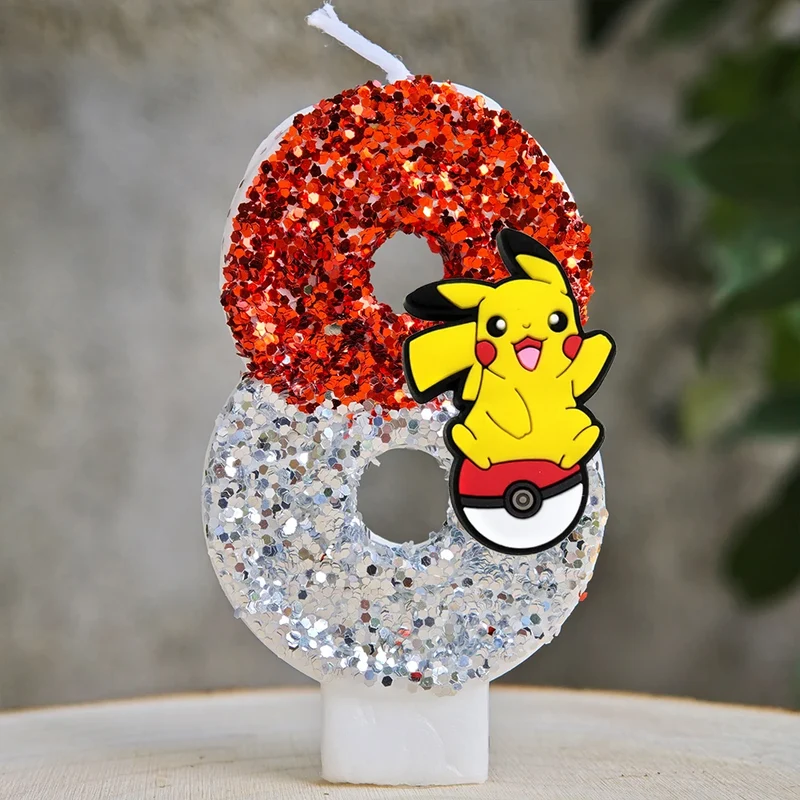 Bougies à paillettes Pokémon Pikachu pour les anniversaires avec année en différentes couleurs