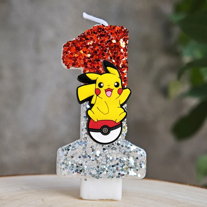 Bougies à paillettes Pokémon Pikachu pour les anniversaires avec année en différentes couleurs