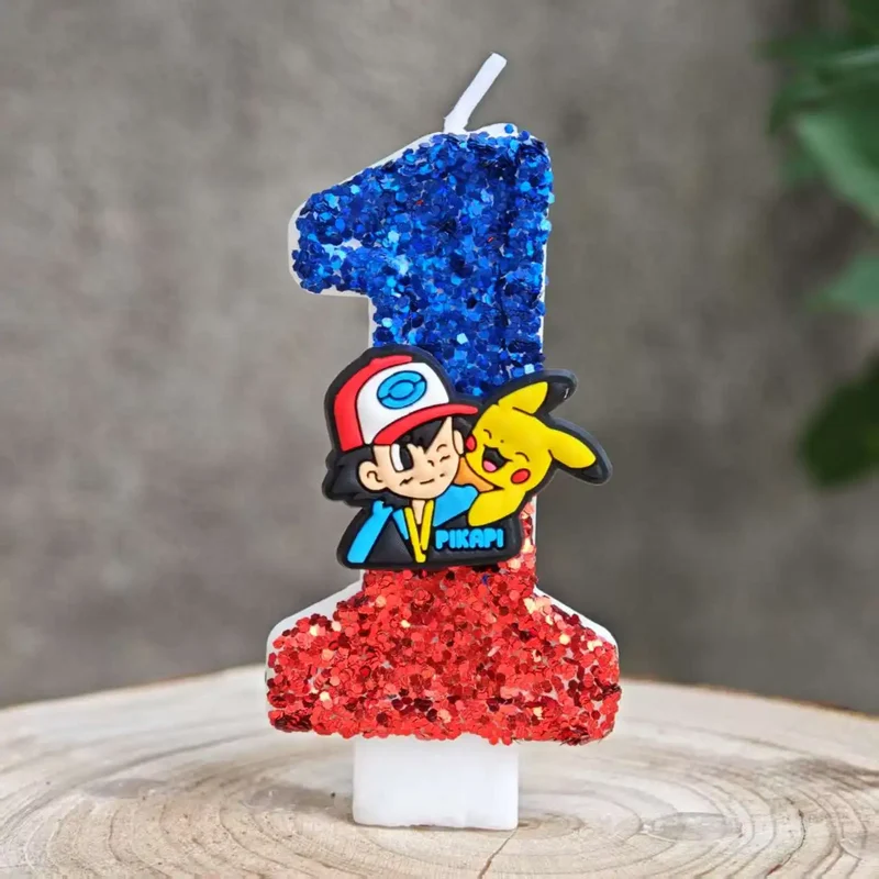 Bougies à paillettes Pokémon Pikachu pour les anniversaires avec année en différentes couleurs