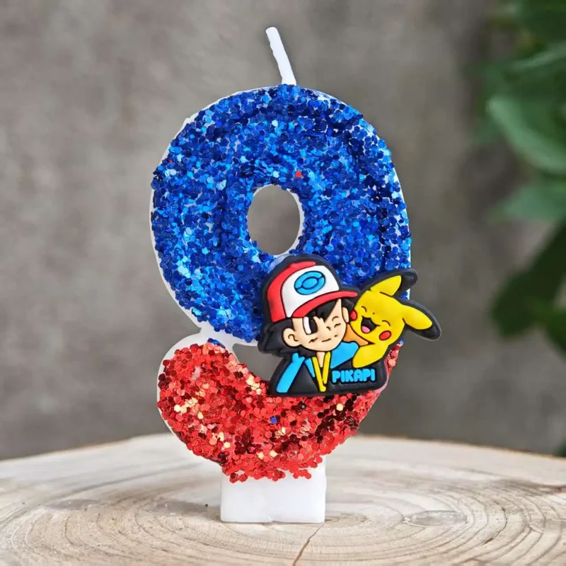 Bougies à paillettes Pokémon Pikachu pour les anniversaires avec année en différentes couleurs