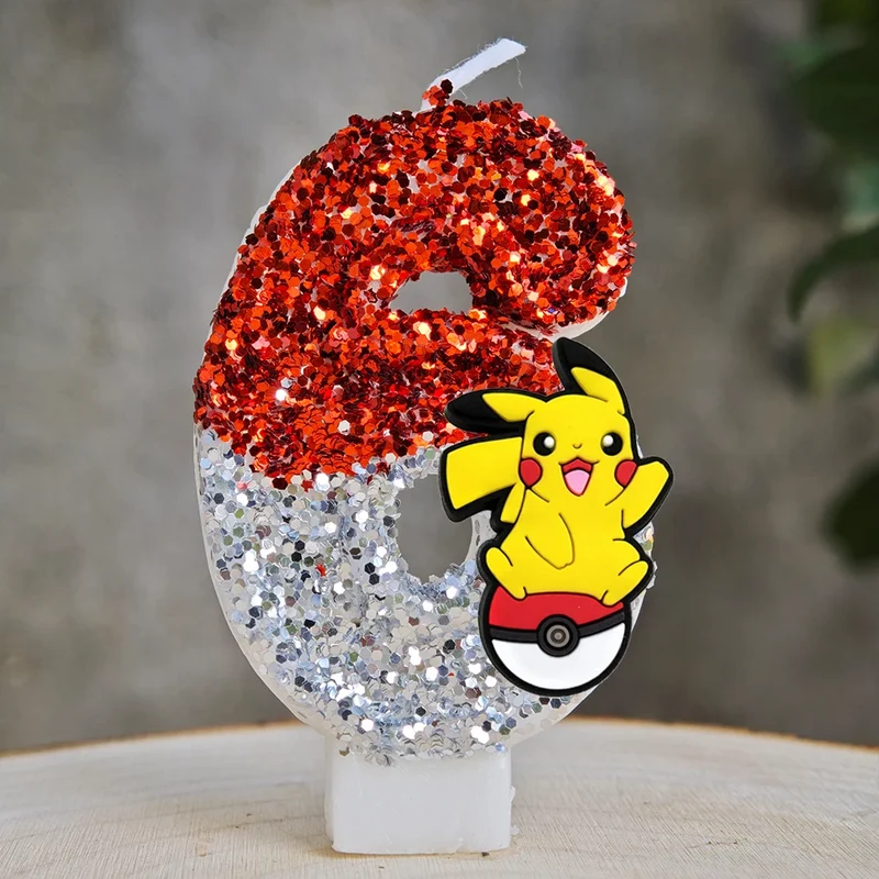 Bougies à paillettes Pokémon Pikachu pour les anniversaires avec année en différentes couleurs