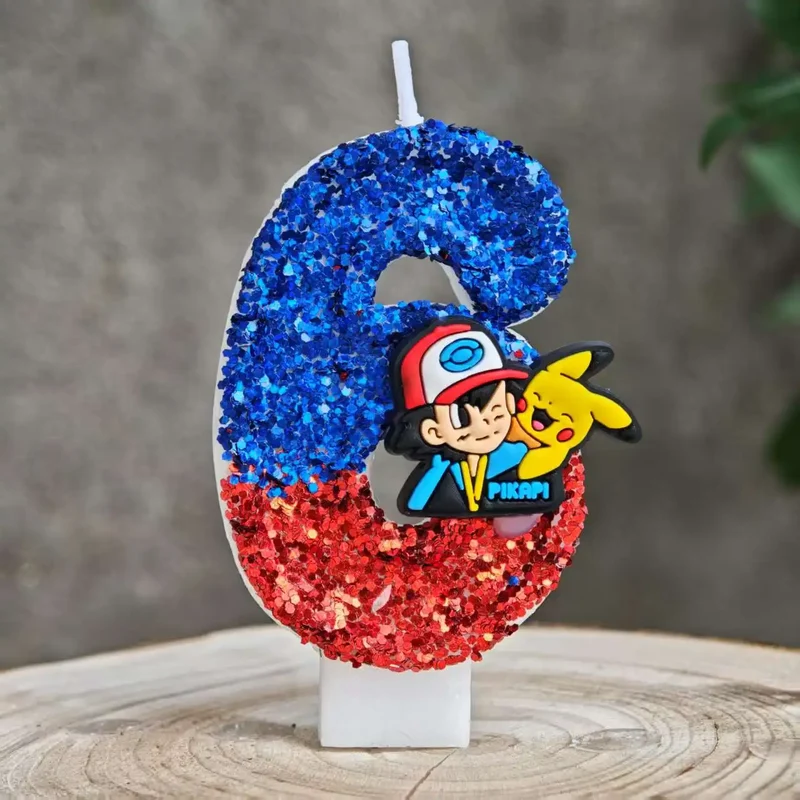 Bougies à paillettes Pokémon Pikachu pour les anniversaires avec année en différentes couleurs