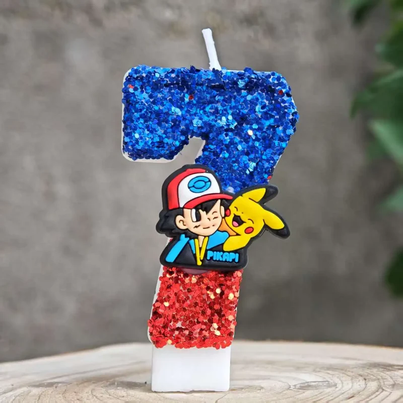 Bougies à paillettes Pokémon Pikachu pour les anniversaires avec année en différentes couleurs