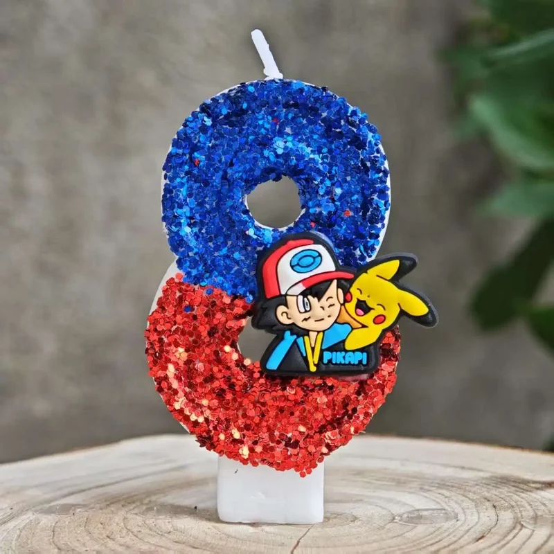 Bougies à paillettes Pokémon Pikachu pour les anniversaires avec année en différentes couleurs