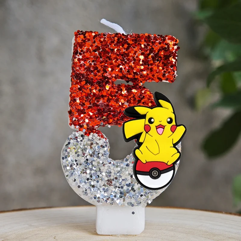 Bougies à paillettes Pokémon Pikachu pour les anniversaires avec année en différentes couleurs