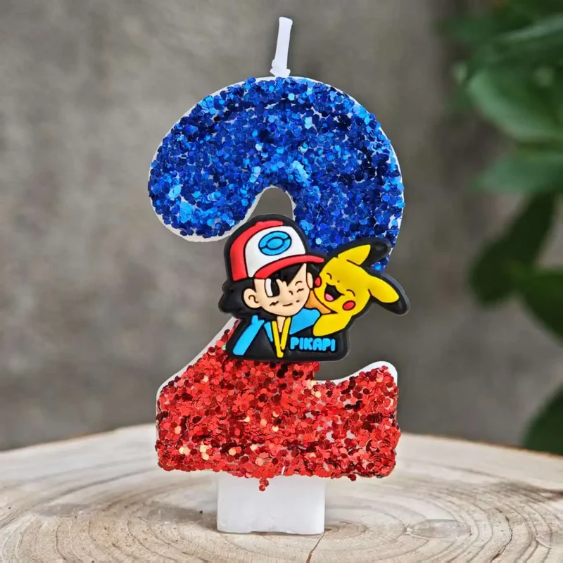 Bougies à paillettes Pokémon Pikachu pour les anniversaires avec année en différentes couleurs