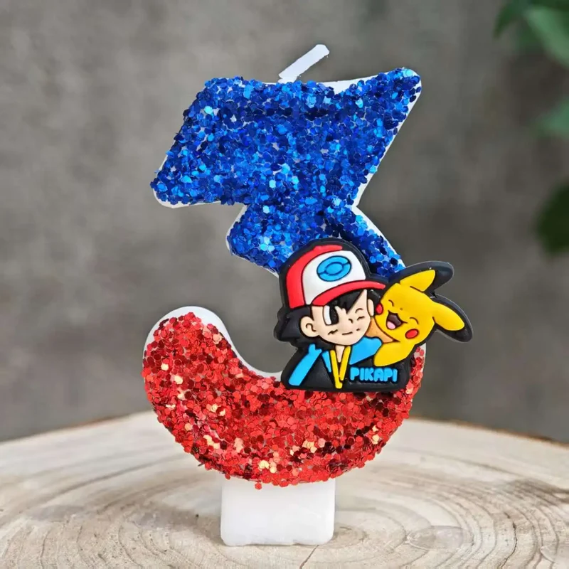Bougies à paillettes Pokémon Pikachu pour les anniversaires avec année en différentes couleurs