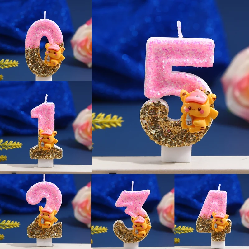 Bougie à paillettes Pikachu rose avec année pour de superbes anniversaires