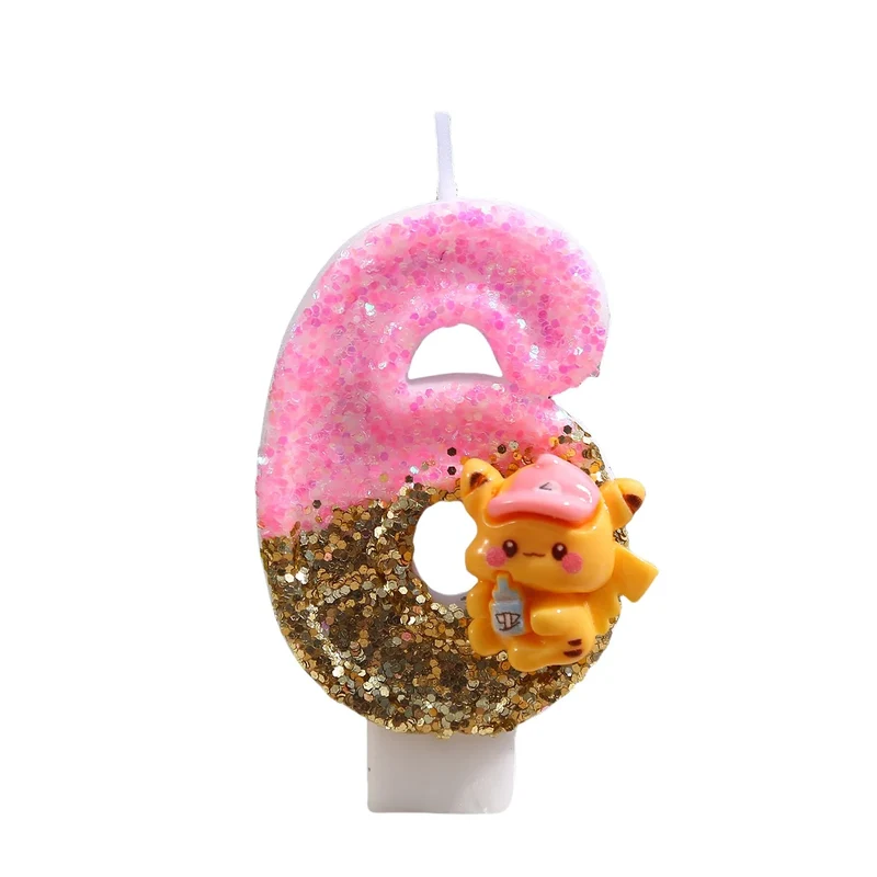 Bougie à paillettes Pikachu rose avec année pour de superbes anniversaires