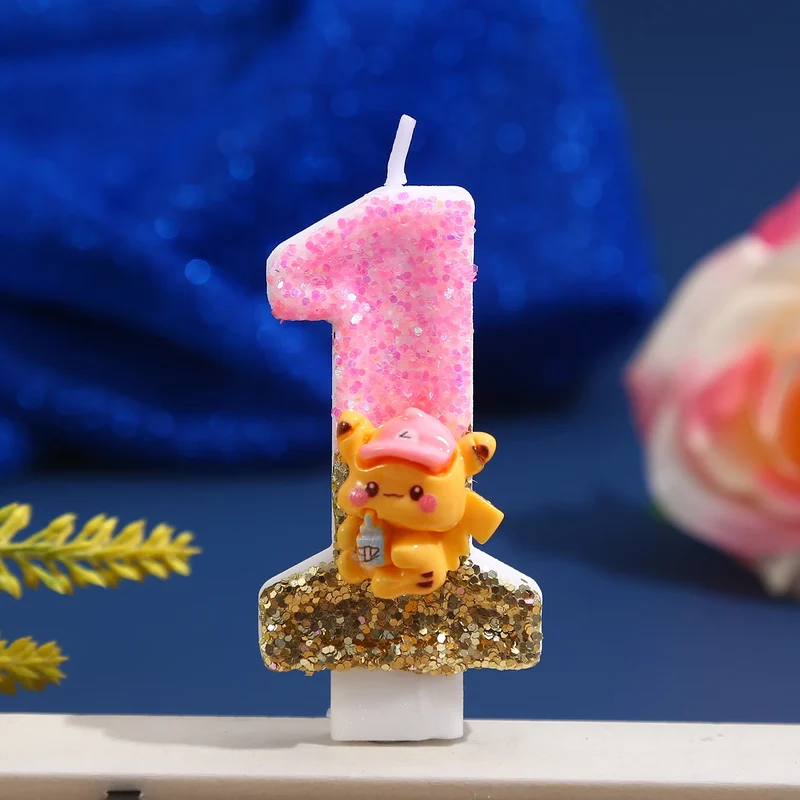 Bougie à paillettes Pikachu rose avec année pour de superbes anniversaires