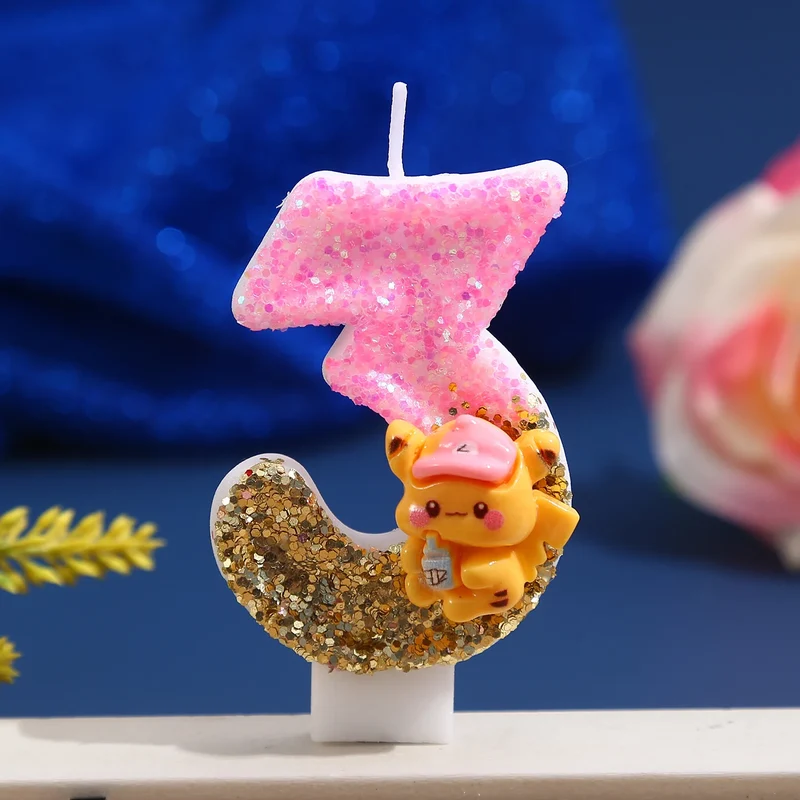 Bougie à paillettes Pikachu rose avec année pour de superbes anniversaires