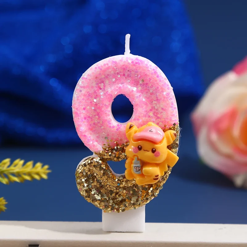 Bougie à paillettes Pikachu rose avec année pour de superbes anniversaires