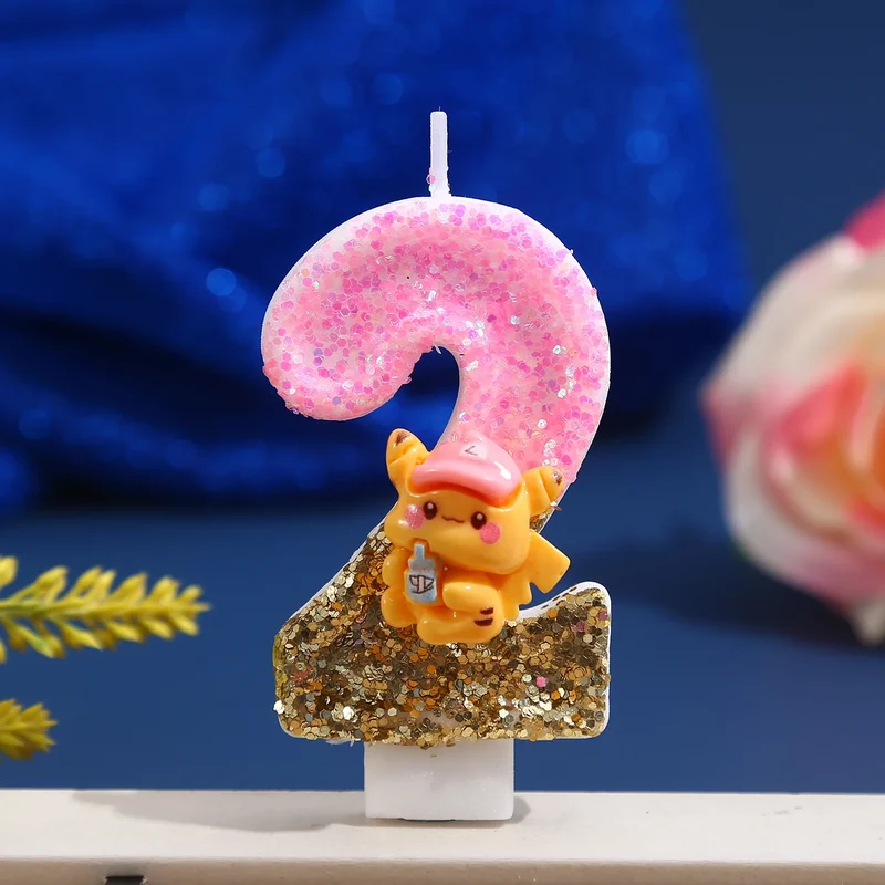 Bougie à paillettes Pikachu rose avec année pour de superbes anniversaires