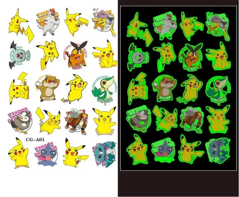 Autocollants de tatouage lumineux Pokémon pour enfants - Brille dans le noir