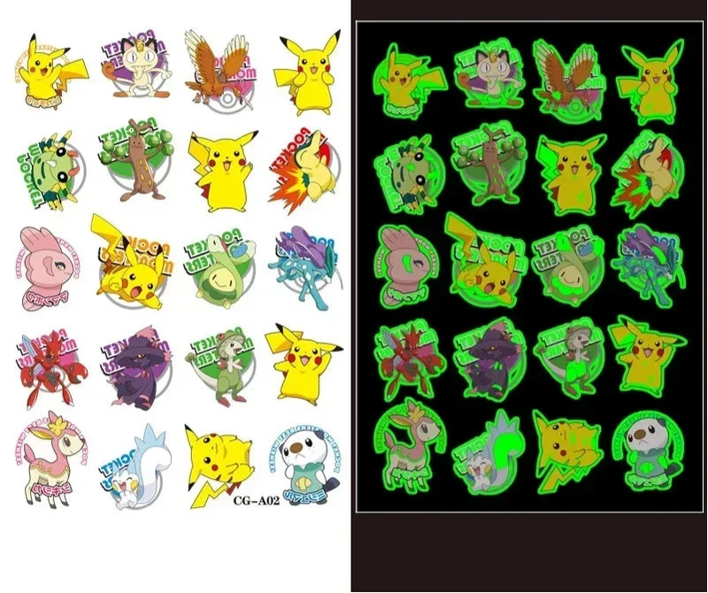 Autocollants de tatouage lumineux Pokémon pour enfants - Brille dans le noir