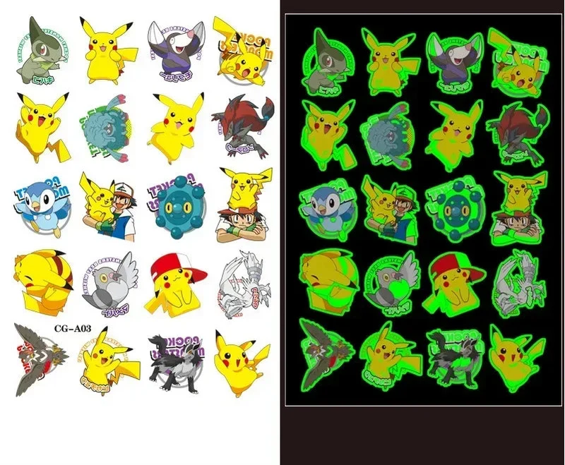 Autocollants de tatouage lumineux Pokémon pour enfants - Brille dans le noir