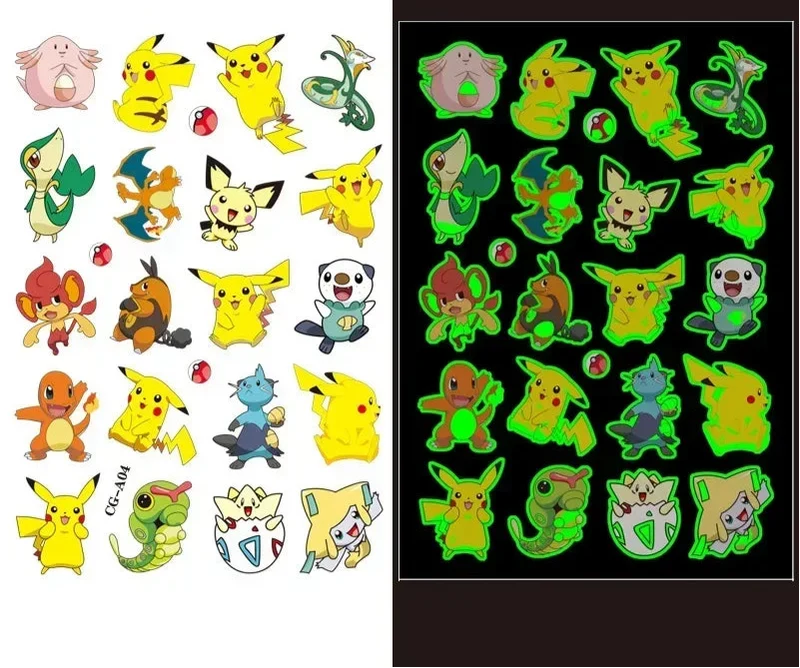 Autocollants de tatouage lumineux Pokémon pour enfants - Brille dans le noir
