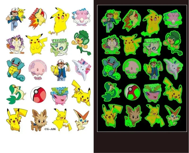 Autocollants de tatouage lumineux Pokémon pour enfants - Brille dans le noir