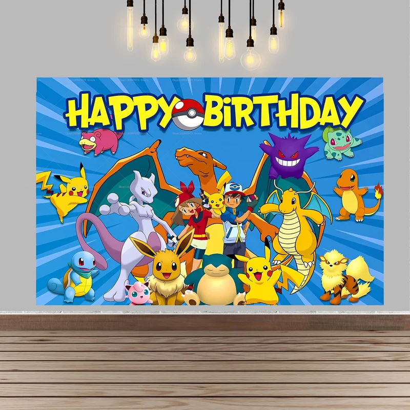 Décoration de fond de bannière d'affiche de grande taille pour anniversaire d'enfants Pokémon Pikachu