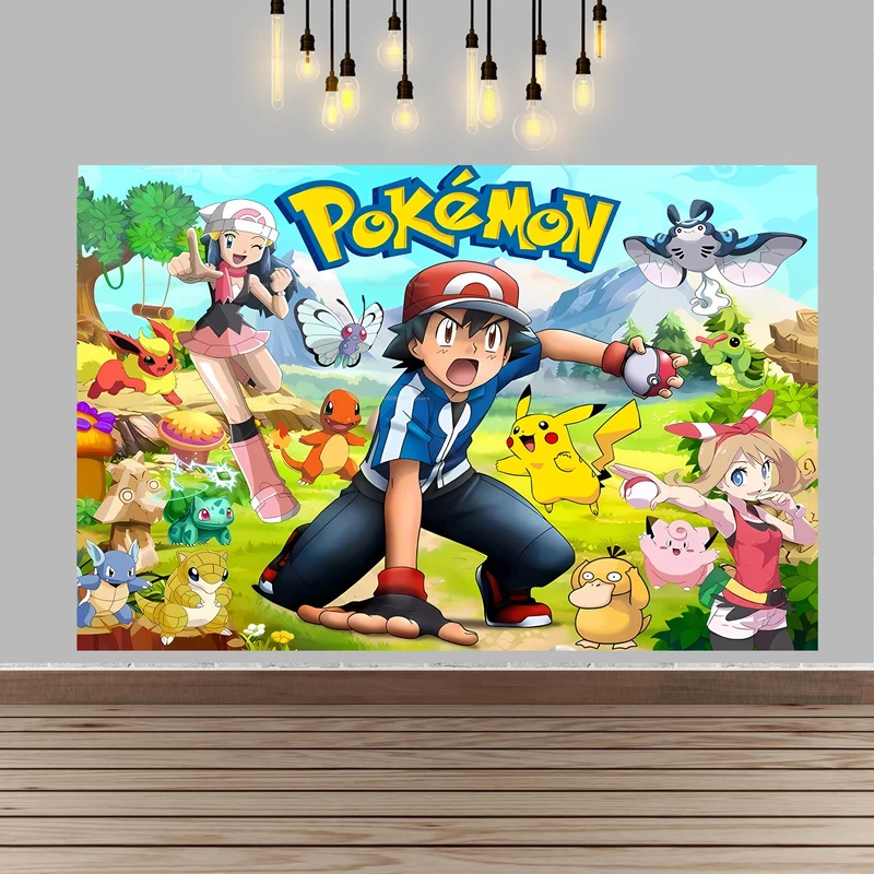 Décoration de fond de bannière d'affiche de grande taille pour anniversaire d'enfants Pokémon Pikachu