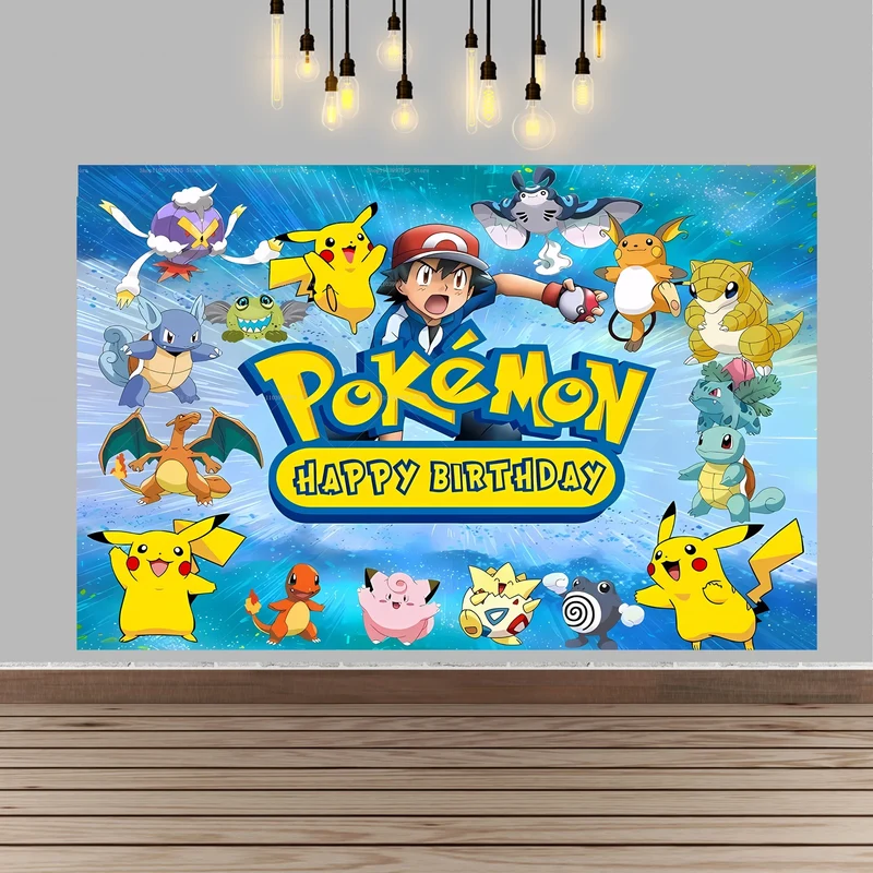 Décoration de fond de bannière d'affiche de grande taille pour anniversaire d'enfants Pokémon Pikachu