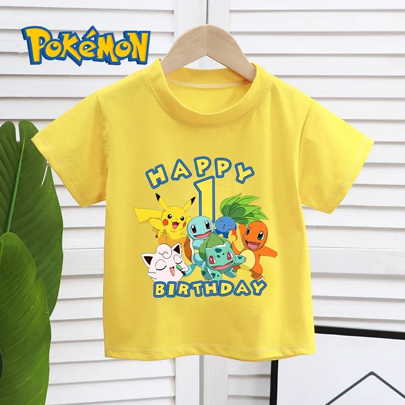 T-shirt Pokémon jaune « Joyeux anniversaire » avec âge pour enfant