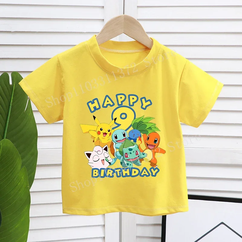 T-shirt Pokémon jaune « Joyeux anniversaire » avec âge pour enfant
