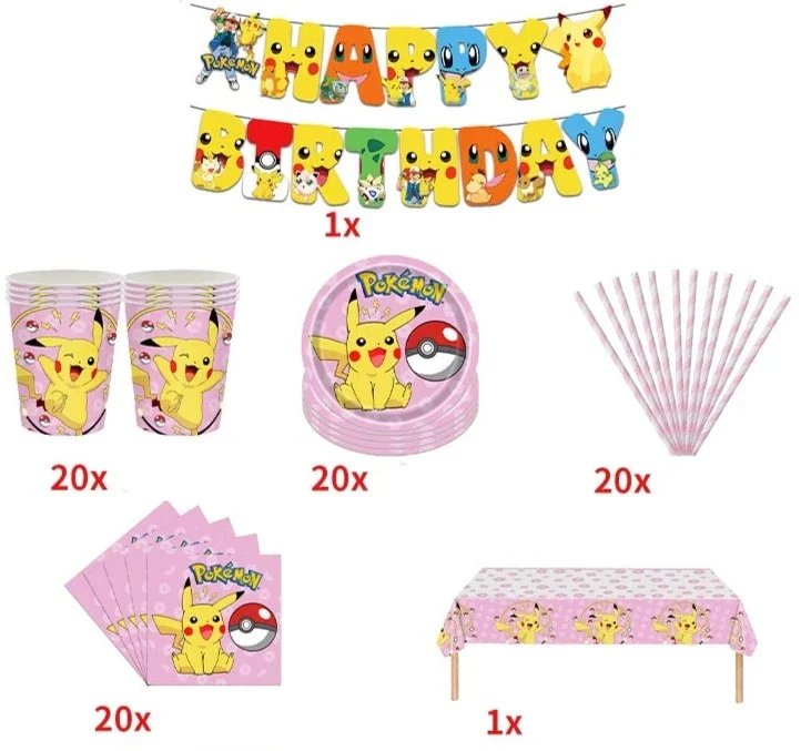 Ensembles de fête d'anniversaire Pokémon bleu ou rose