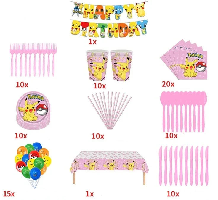 Ensembles de fête d'anniversaire Pokémon bleu ou rose