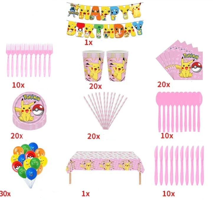 Ensembles de fête d'anniversaire Pokémon bleu ou rose