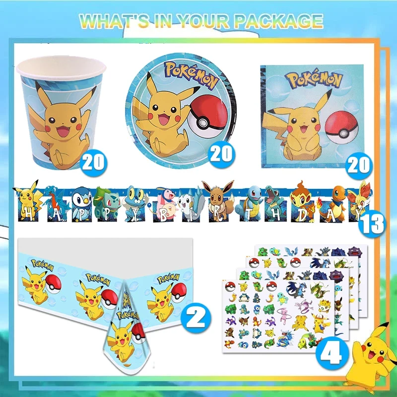 Ensemble de tasses, assiettes, serviettes et nappes Pokémon pour fête d'anniversaire (79 pièces)