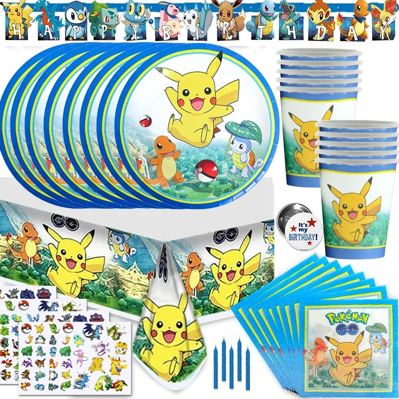Ensemble de tasses, assiettes, serviettes et nappes Pokémon pour fête d'anniversaire (79 pièces)