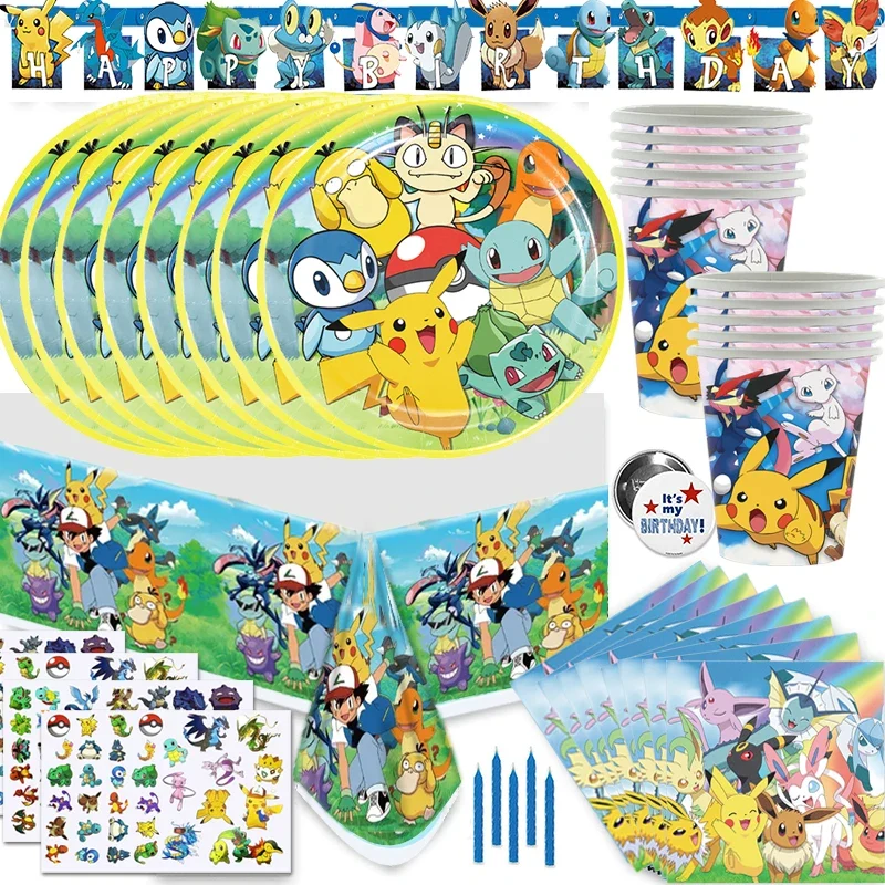 Ensemble de tasses, assiettes, serviettes et nappes Pokémon pour fête d'anniversaire (79 pièces)