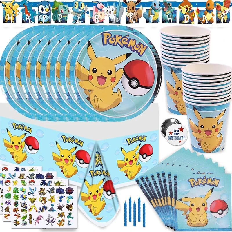 Ensemble de tasses, assiettes, serviettes et nappes Pokémon pour fête d'anniversaire (79 pièces)